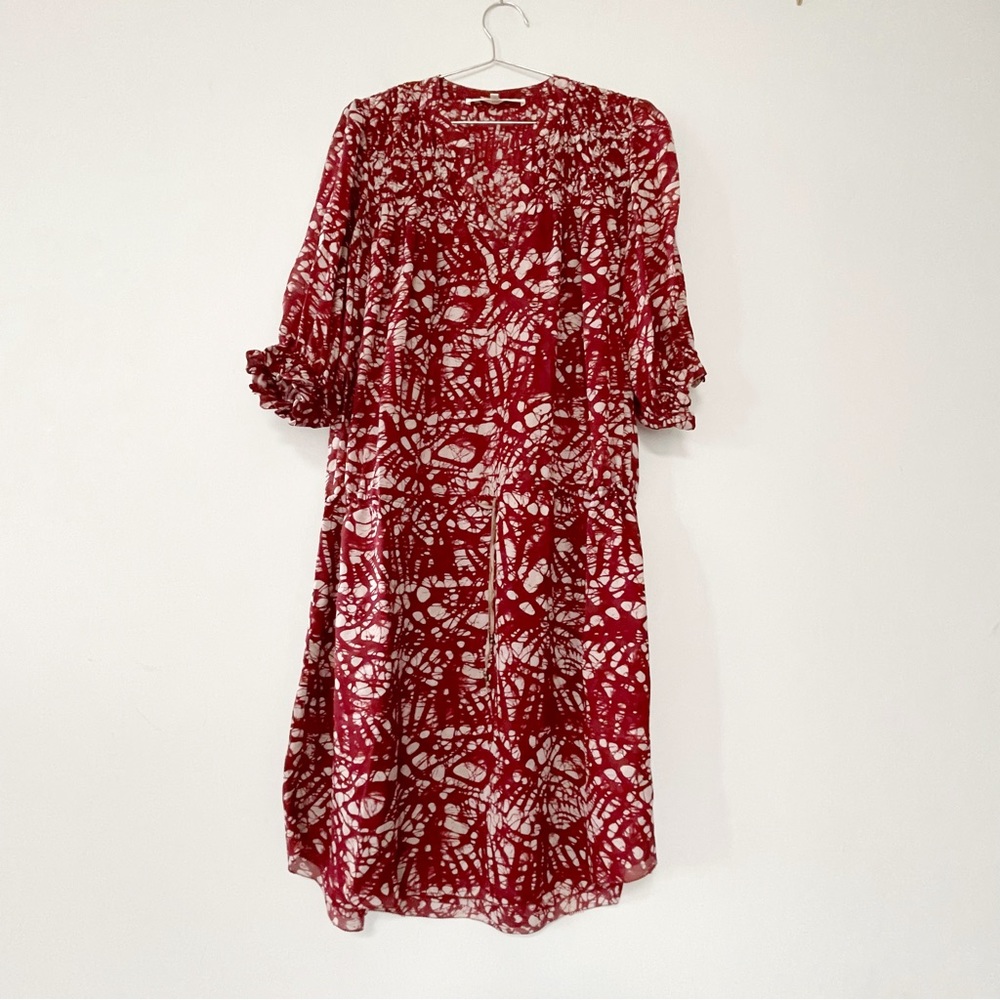 Ulla Johnson dress silk dark red and cream tie dye puff sleeve boho chic